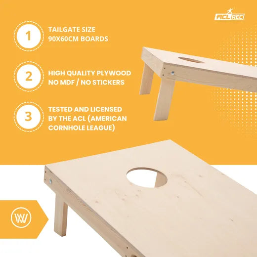 Cornhole Set - 90x60 - Blanco - Wicked Wood Games - detailfoto cornhole set